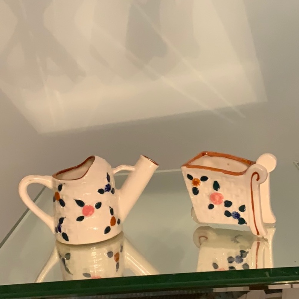 PORCELAIN CREAMER/ SUGAR BOWL WATER CAN AND WHEEL BARREL Vintage